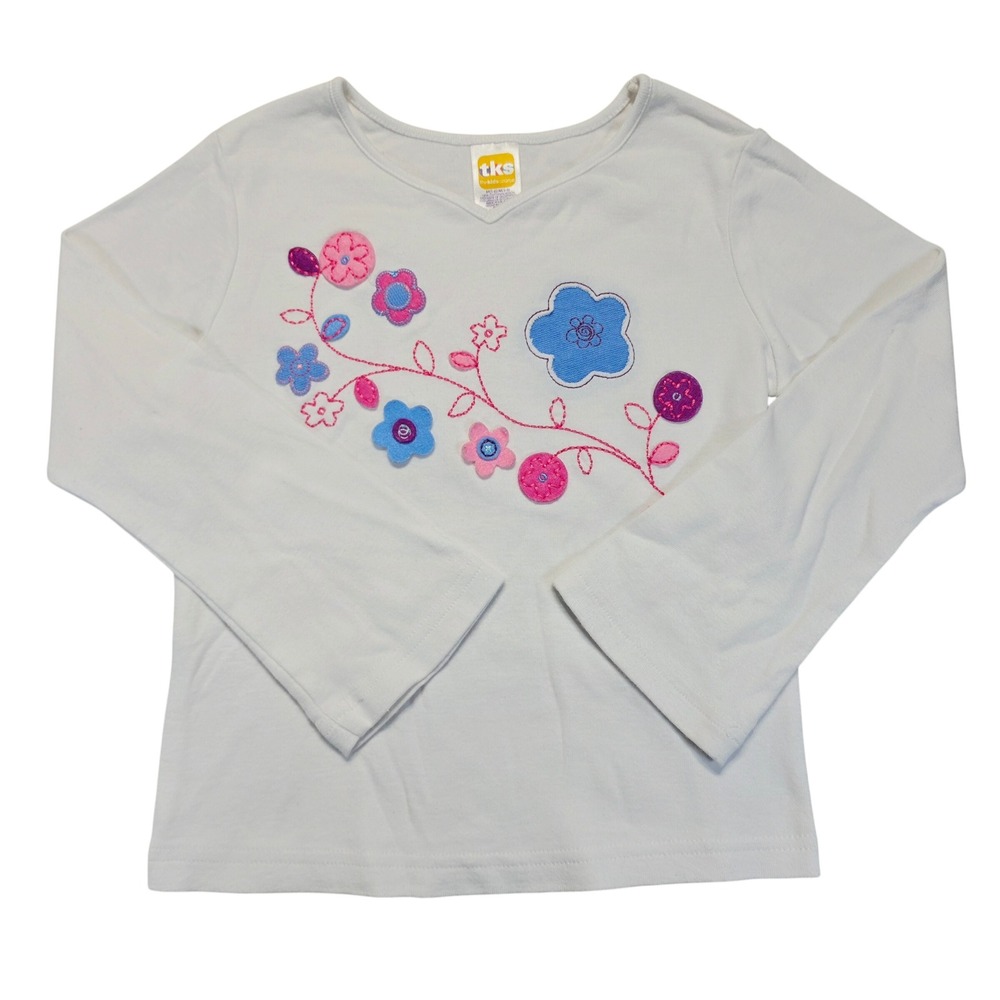 TKS The Kids Source Y2K Girls White Long Sleeve Floral Embroidered Shirt M 5-6